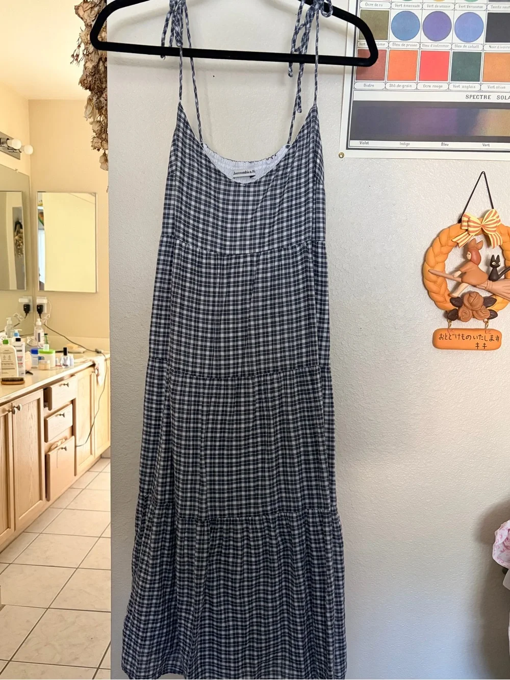 Abercrombie & Fitch Blue/Grey Gingham Tie-Strap Tiered Maxi Tent Dress